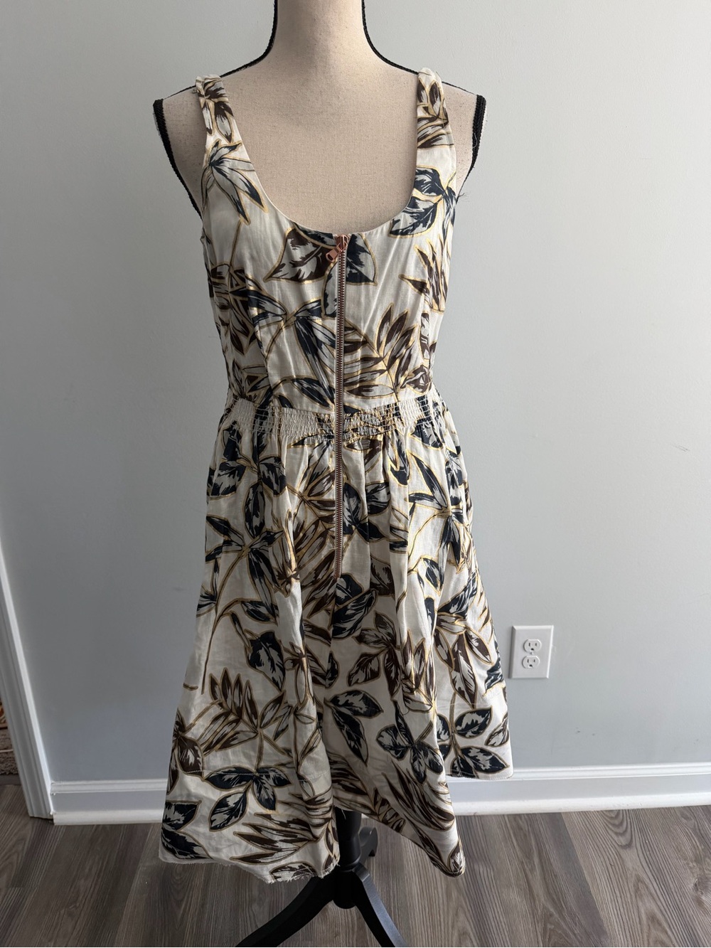 J Crew Ivory & Gold Foil Linen Zip Front Smocked Waist Dress Pockets size 6